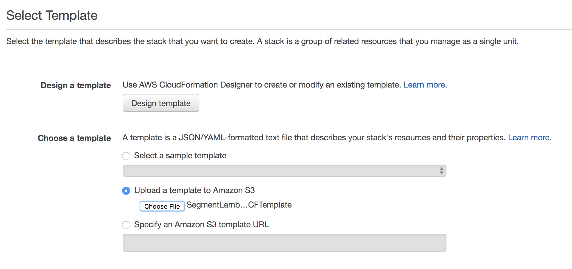 A screenshot of the CloudFormation Select Template settings page.