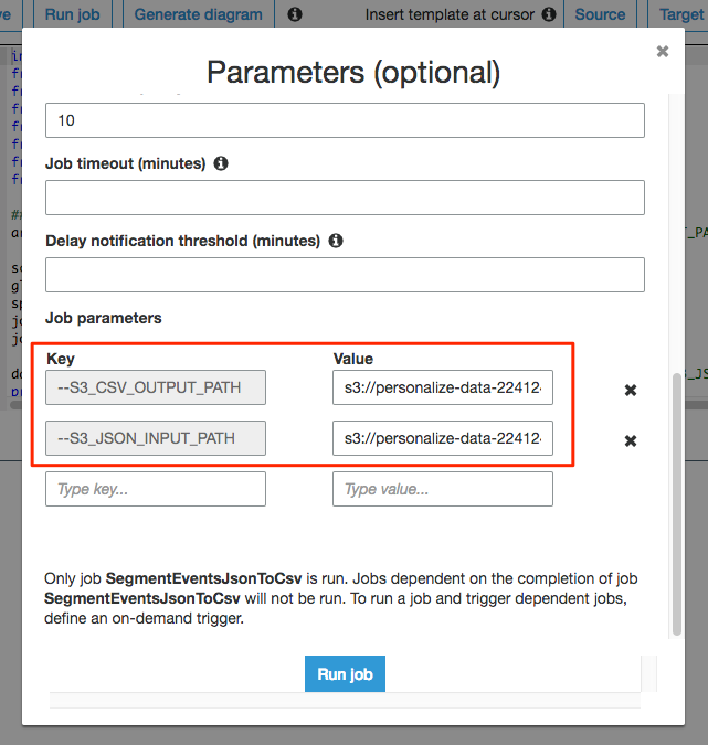 A screenshot of the job parameters section, showing two key/value pairs as outlined in the preceding table.