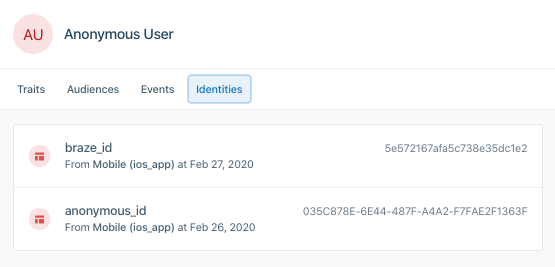 A screenshot of an anonymous user in Segment, with the Identities tab selected and a braze_id identity present
