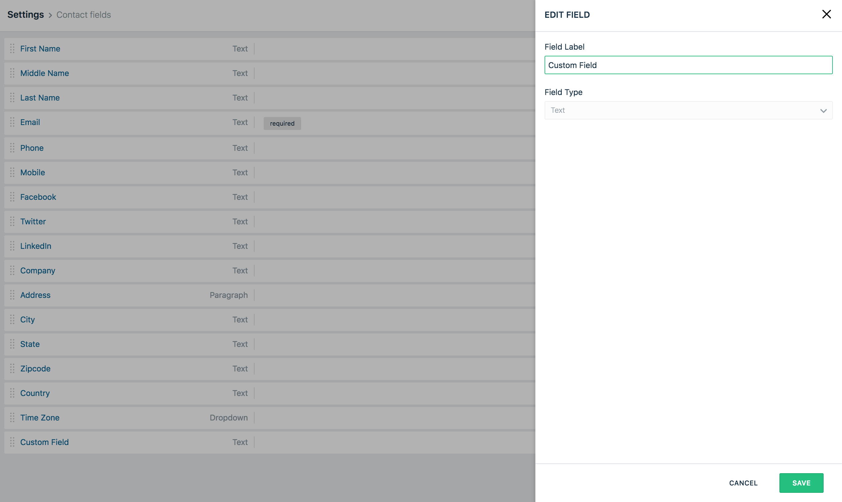 A screenshot of the Contact fields page in Freshmarketer, with an Edit Field sidebar showing a custom field.